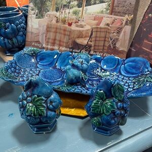Vintage Inarco Japan Blue Mood Indigo Serving Dish Plate, Salt & Peppper Shakers